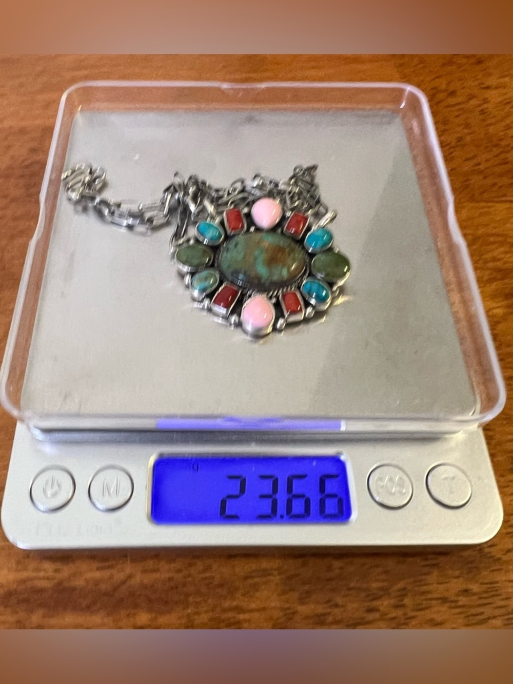 925 Sterling Silver Multi Stone Cluster Necklace Turquoise, Pink Conch, Coral - Picture 13 of 13